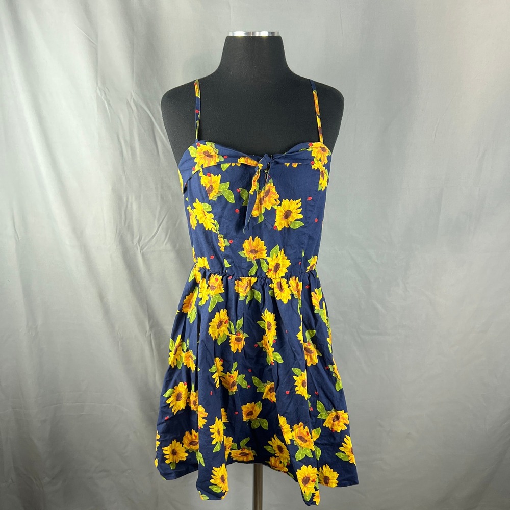 Bailey Blue Mini Dress Womens Large Sunflower Print Tie Front Spaghetti Straps